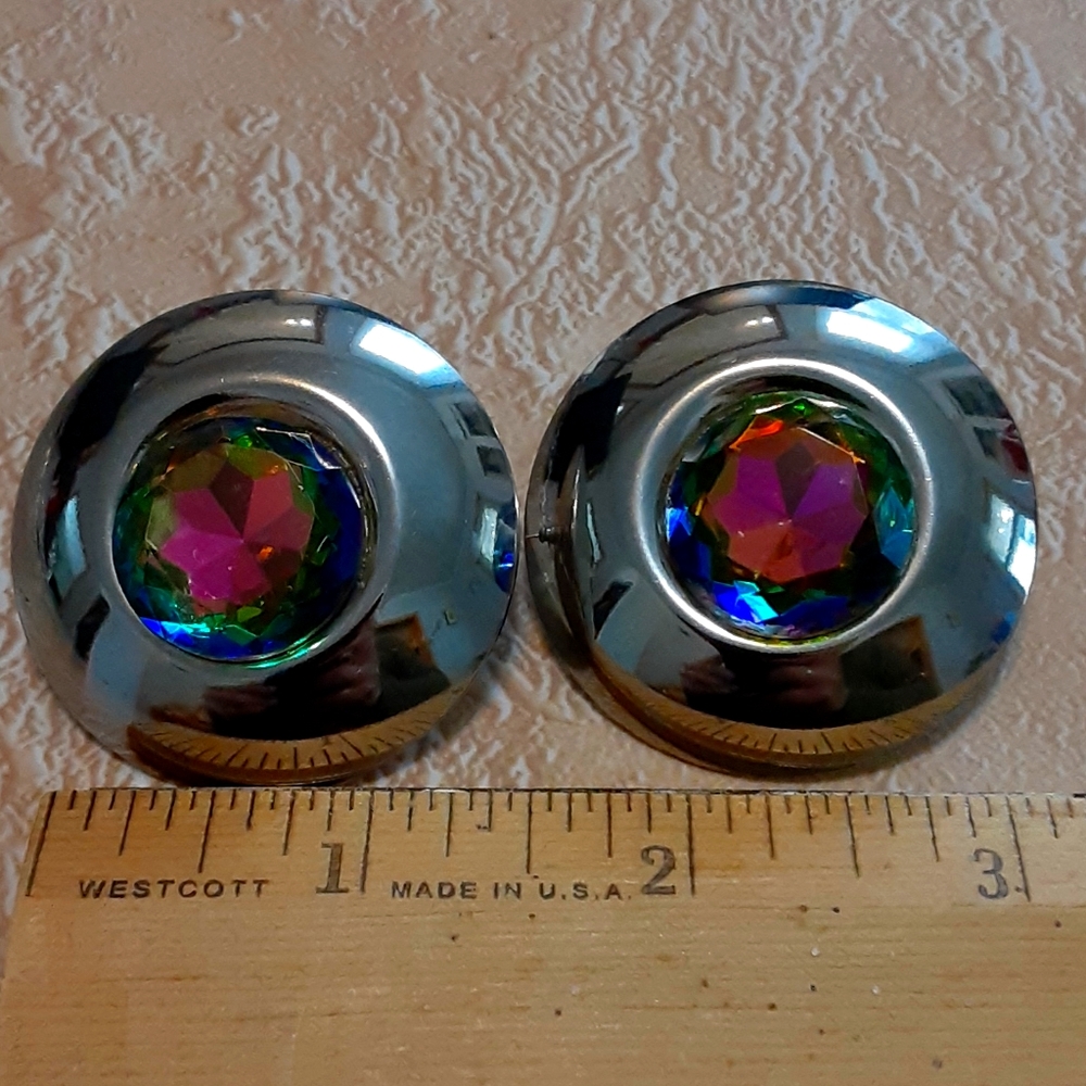 Vintage Huge Watermelon Rhinestone Silver 80's Earrings Modernist
